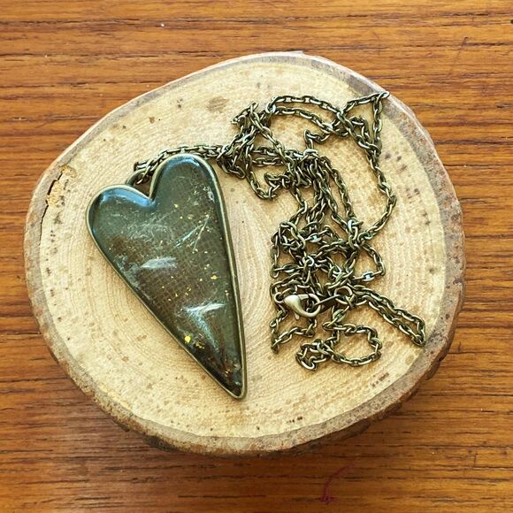 Elongated Heart Pendant Necklace Mica Gold Leaf on Antique Bronze Plated Chain - Picture 1 of 5